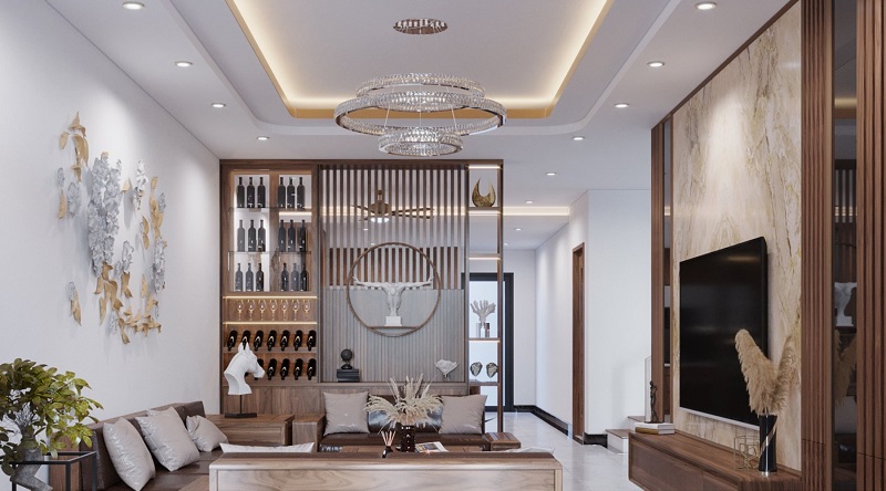 Mẫu vách trang trí phòng khách bằng gỗ tinh tế, sang trọng